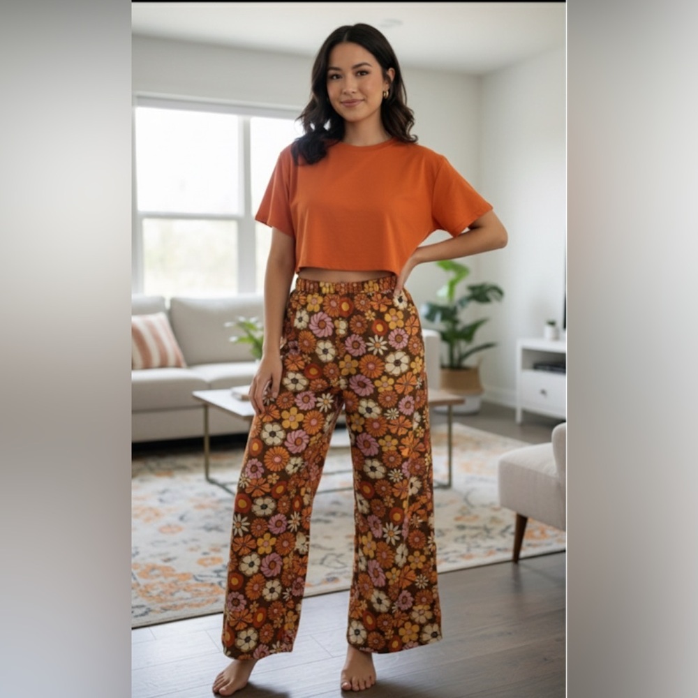 ROMWE Groovy 70’s Retro Floral Patterned Pants with Orange and Brown - Picture 7 of 7
